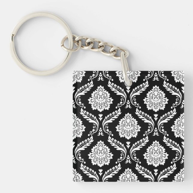 Rococo Damask 2Way Pattern Black + White Keychain (Front)