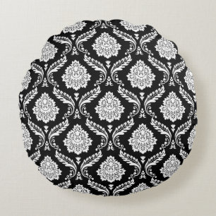 Rococo Damask 2Way Pattern Black+White Round Pillow