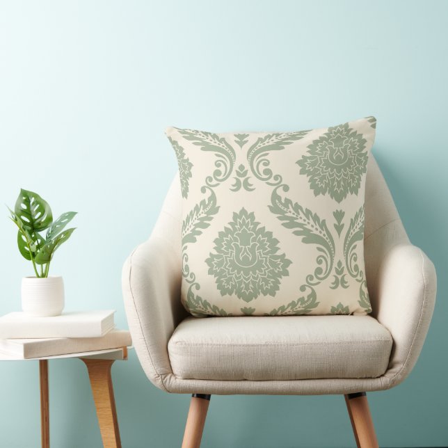 Rococo Damask Art I 2Way Cream and Green Throw Pillow (Chair)