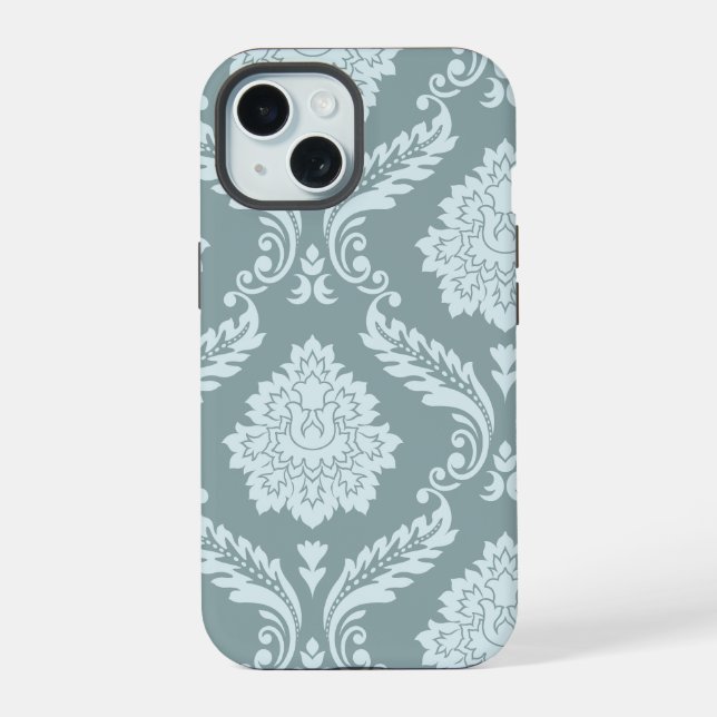Rococo Damask Art I Duck Egg Blue+Teal iPhone 15 Case (Back)
