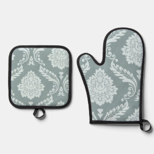 Rococo Damask Art I Duck Egg Blue+Teal Oven Mitt & Pot Holder Set