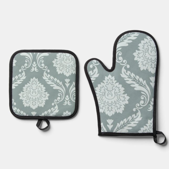 Rococo Damask Art I Duck Egg Blue+Teal Oven Mitt & Pot Holder Set (Front)