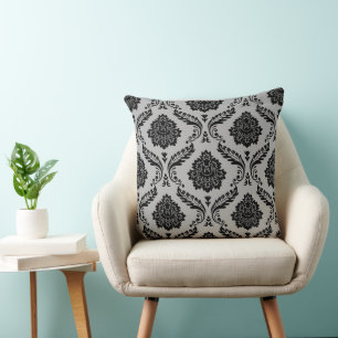 Rococo Damask Big Pattern Black on Grey Throw Pillow