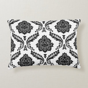 Rococo Damask Big Pattern Black on White Accent Pillow