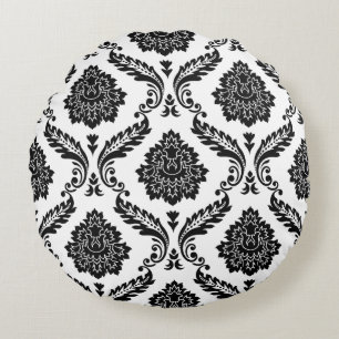 Rococo Damask Big Pattern Black on White Round Pillow