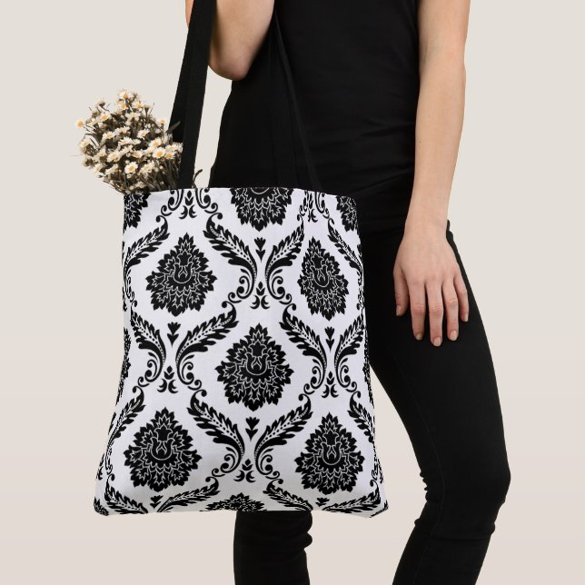 Rococo Damask Big Pattern Black on White Tote Bag (Close Up)
