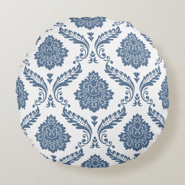 Rococo Damask Big Pattern Blue on White Round Pillow (Front)