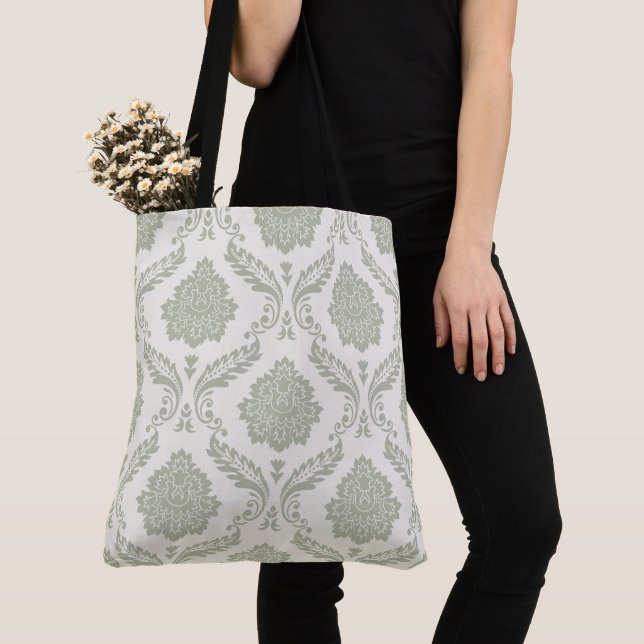 Rococo Damask Big Pattern Green on Cream Tote Bag (Close Up)