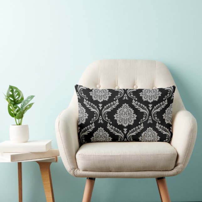 Rococo Damask Big Pattern Grey on Black Lumbar Pillow (Chair)