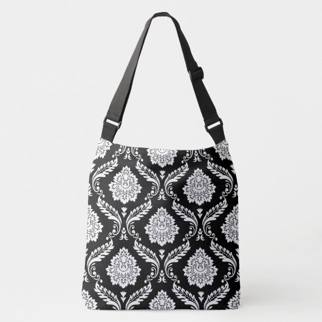 Rococo Damask Big Pattern White on Black Crossbody Bag (Front)