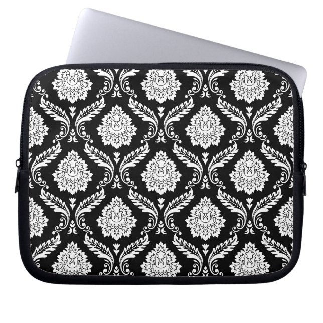 Rococo Damask Big Pattern White on Black Laptop Sleeve (Front)