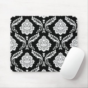 Rococo Damask Big Pattern White on Black Mouse Pad