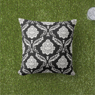 Rococo Damask Big Pattern White on Black Outdoor Pillow