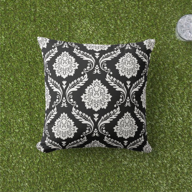 Rococo Damask Big Pattern White on Black Outdoor Pillow (Grass)