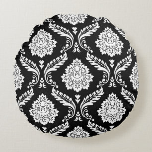 Rococo Damask Big Pattern White on Black Round Pillow