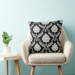 Rococo Damask Big Pattern White on Black Throw Pillow