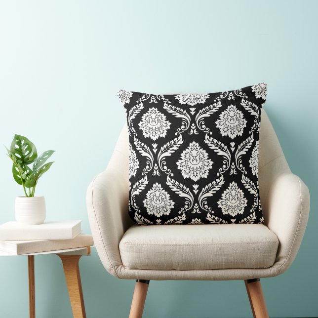 Rococo Damask Big Pattern White on Black Throw Pillow (Chair)