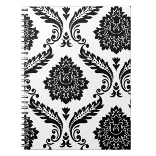 Rococo Damask Lg Off-Set Pattern Black on White Notebook
