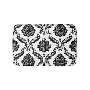 Rococo Damask Lg Pattern Black on White Bath Mat