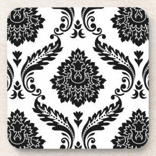 Rococo Damask Lg Pattern Black on White Coaster