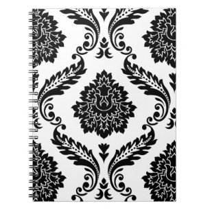 Rococo Damask Lg Pattern Black on White Notebook