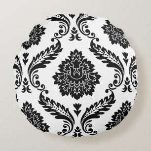 Rococo Damask Lg Pattern Black on White Round Pillow