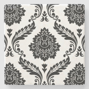 Rococo Damask Lg Pattern Black on White Stone Coaster
