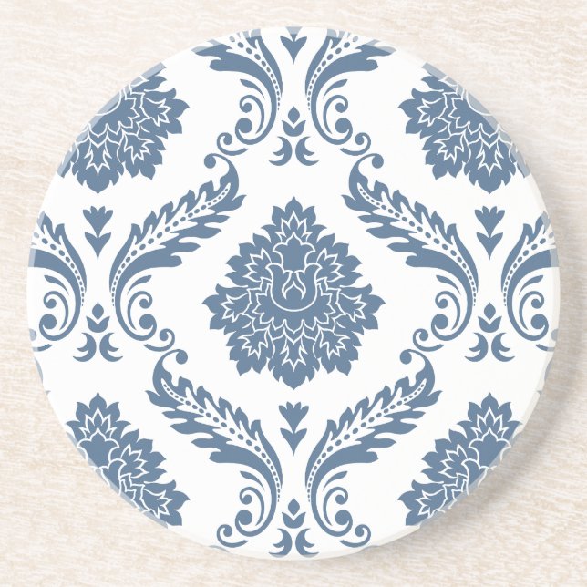 Rococo Damask Lg Pattern Blue on White Coaster (Front)