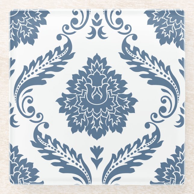 Rococo Damask Lg Pattern Blue on White Glass Coaster (Front)