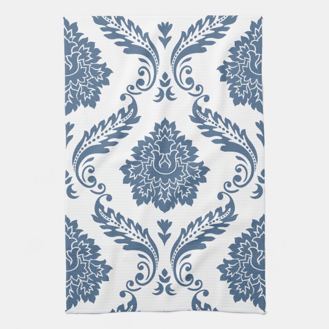 Rococo Damask Lg Pattern Blue on White Kitchen Towel (Vertical)