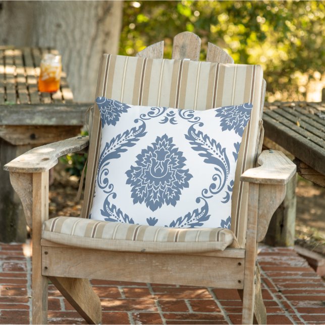 Rococo Damask Lg Pattern Blue on White Outdoor Pillow (Chair)