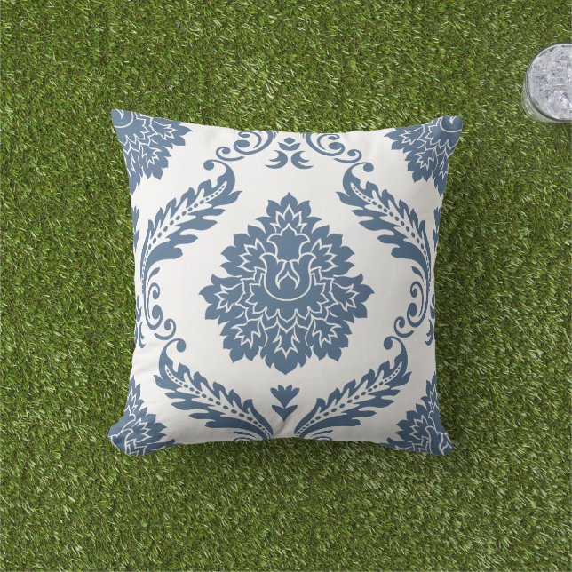 Rococo Damask Lg Pattern Blue on White Outdoor Pillow (Grass)