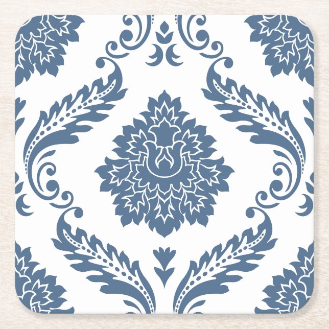 Rococo Damask Lg Pattern Blue on White Square Paper Coaster (Front)