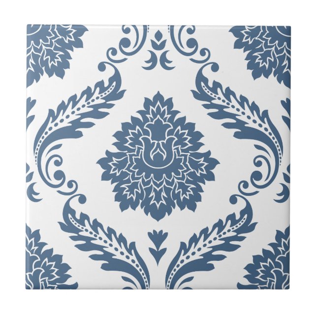 Rococo Damask Lg Pattern Blue on White Tile (Front)