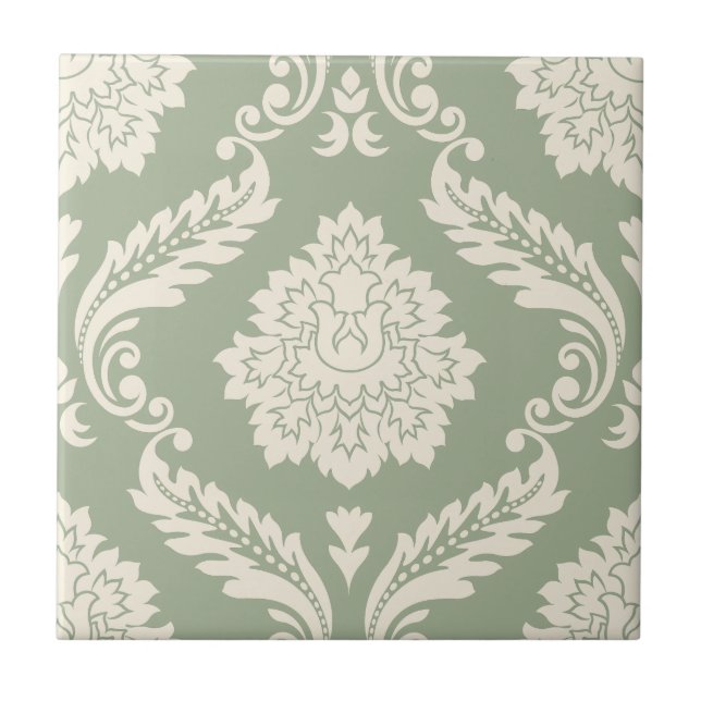 Rococo Damask Lg Pattern Cream on Green Tile (Front)