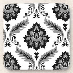 Rococo Damask Lg Pattern Grey Black White Coaster