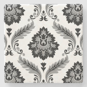 Rococo Damask Lg Pattern Grey Black White Stone Coaster