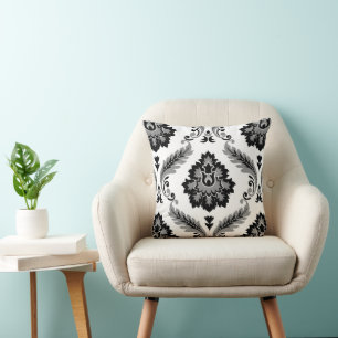 Rococo Damask Lg Pattern Grey Black White Throw Pillow