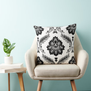 Rococo Damask Lg Pattern Grey Black White Throw Pillow