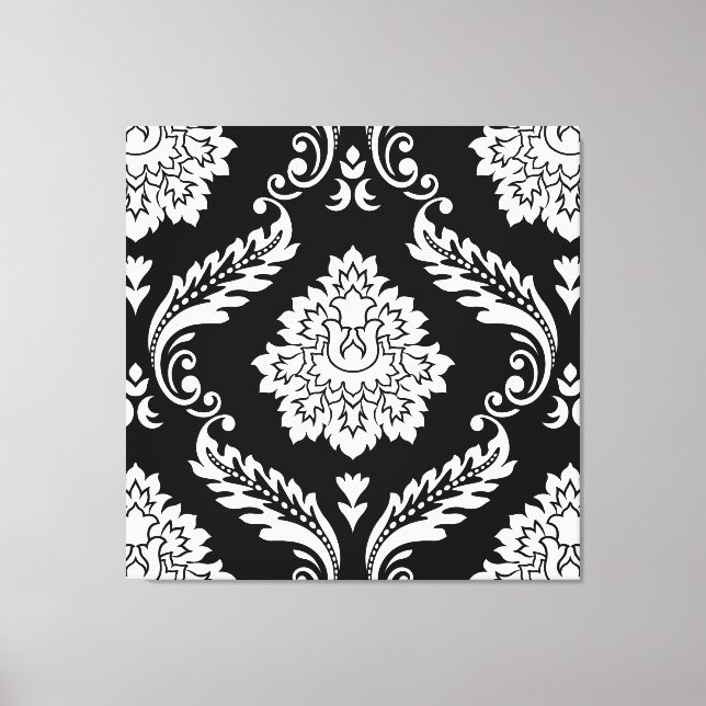 Rococo Damask Lg Pattern White on Black Canvas Print (Front)