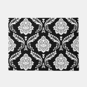 Rococo Damask Lg Pattern White on Black Doormat