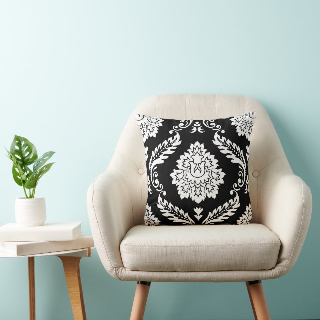 Rococo Damask Lg Pattern White on Black Throw Pillow (Chair)