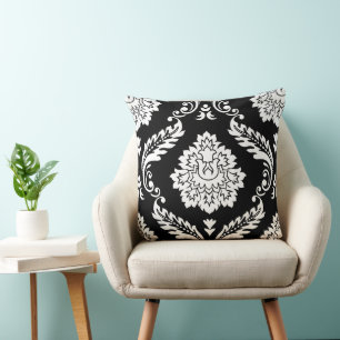 Rococo Damask Lg Pattern White on Black Throw Pillow