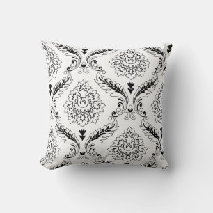 Rococo Damask Line Off-Set Pattern Black on White Throw Pillow
