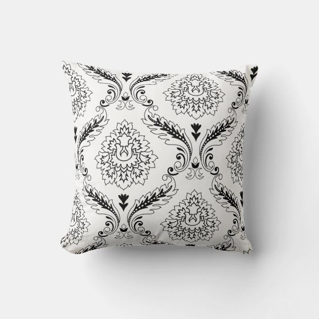Rococo Damask Line Off-Set Pattern Black on White Throw Pillow (Front)