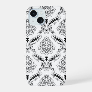 Rococo Damask Line Pattern Black on White iPhone 15 Case
