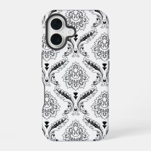 Rococo Damask Line Pattern Black on White iPhone 16 Case