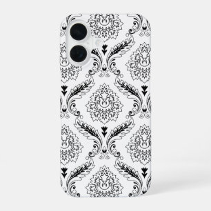 Rococo Damask Line Pattern Black on White iPhone 16 Case