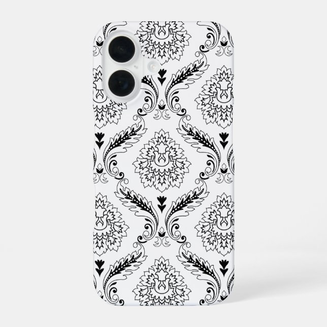 Rococo Damask Line Pattern Black on White iPhone 16 Case (Back)
