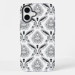 Rococo Damask Line Pattern Black on White iPhone 16 Plus Case
